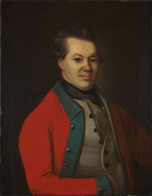  Classical portrait painting of a man with brown eyes and a powdered wig, wearing a red coat with green lapels, a gray waistcoat, and a white shirt with a black neckcloth, against a dark brown background.