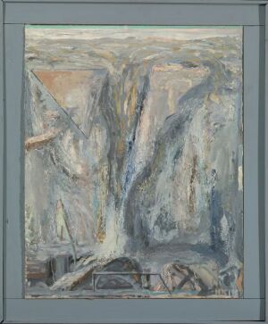  "Landskap med trekant," an abstract oil on canvas painting by Harald Krokstad, predominantly featuring a central gray-blue triangle amidst a textured blend of muted blues, grays, and hints of soft yellow, enclosed in a simple light gray frame.