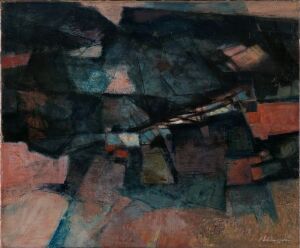  "From Telemark" by John Eliassen, an abstract oil painting on canvas featuring a predominance of cool blues and grays, with elements of brick red and burnt orange, creating a textured and layered visual effect without distinct forms or figures.