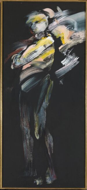  "Når jeg snur meg II" by Vigdis Hareide is an abstract, vertical acrylic painting on canvas featuring dynamic strokes of yellow, white, and gray on a black background, depicting a figure in motion that merges with the dark surrounding space.