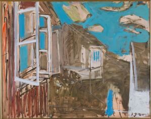  "Åpne vinduer I" by Ivar Jerven is an abstract oil painting on canvas featuring open windows of houses under a cerulean blue sky with abstract clouds, with a human figure in blue and a vibrant red window frame on the left, evoking a rustic and serene outdoor scene.