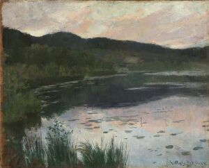
 Oil on paper mounted on canvas landscape painting by Kitty Kielland, depicting a calm evening scene with reflective water, surrounded by greenery and hills under a twilight sky with soft pink and blue hues.