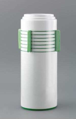  A cast and glazed feldspar porcelain decorative object by Porsgrunds Porselænsfabrik AS. It's a tall, cylindrical white piece resembling a thermos, with a series of vibrant green horizontal stripes around the center. It features a lid on top and is presented against a graded gray background.