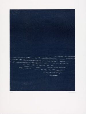  "GB 46-1974 L'eau" by Anna-Eva Bergman, a minimalistic woodcut print featuring a deep blue background with a central horizontal section of delicate silver lines that resemble water ripples, all on a square paper canvas.