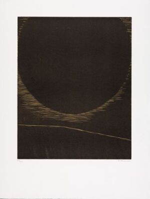  "GB 47-1974 La Terre" by Anna-Eva Bergman, a woodcut print in black and gold on paper showing a large, semi-circular golden shape against a dark background with a thin horizontal gold line below, suggesting an abstracted horizon.