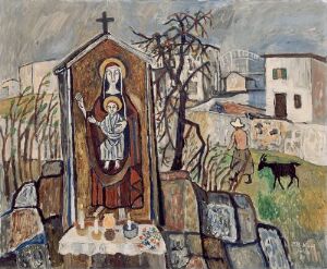  An oil on wood fiber board painting by Reidar Aulie featuring a shrine with a Madonna and Child icon, surrounded by a desolate landscape with a contemplative figure and a grazing cow, with muted colors of brown, grey, and dull green, under an overcast sky.