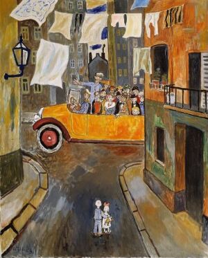  "Street Celebration" - an oil painting on canvas by Reidar Aulie capturing a festive scene with a brightly colored vintage car full of people driving through a narrow European alley, with buildings and hanging laundry on either side and onlookers in the foreground.