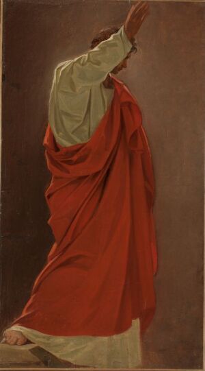  A classical painting by Johann Friedrich Matthiäe, depicting a side view of a figure clothed in a white tunic and draped in a rich red cloak, reaching upwards against a dark brown background. The figure's gesture is dramatic and expressive, set within a vertical format that emphasizes the elegant folds of the garments and the contrast of colors.