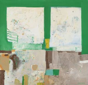  "Fjære" is an abstract painting by Roar Wold rendered on canvas with PVA. It features two white rectangular shapes against a vibrant green background at the top, with a rich tapestry of earthy browns, beiges, grays, and touches of green and yellow in the lower section, alluding to a contrast between nature and the man-made.