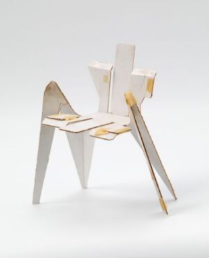  An abstract-designed chair with a white and natural wood color scheme, accented by gold-toned metal details, set against a light-to-dark gradient background.