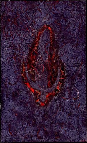  "Engel" by Gerd M. Tinglum, an abstract painting featuring a dynamic red form at the center surrounded by textured, deep purple and blue hues on canvas.