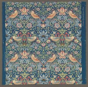  Intricate symmetrical textile design featuring stylized floral patterns in pinks, reds, creams, and greens on a deep blue background with perched orange birds, representing a traditional tapestry or drapery motif.