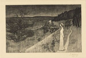  "The Silence II" by Harald Sohlberg, an etching on paper depicting a contemplative figure in pale attire standing on a path, observing a tranquil twilight scene with trees, a reflective body of water, and rolling landforms, all rendered in a monochromatic grayscale palette.