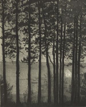  "The Fisherman's House," an etching and aquatint on paper by Harald Sohlberg, depicting dark silhouetted pine trees in the foreground framing a small luminous house by a subdued, misty body of water under a nighttime sky.