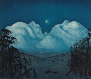  "Winter Night, Rondane" by Harald Sohlberg is a color lithograph on paper depicting the snow-covered Rondane mountains under a dark blue night sky with a bright star, framed by the dark silhouettes of barren trees in the foreground.