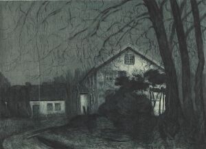  "Midnight," an etching in two colors on paper by Harald Sohlberg, depicts a nocturnal scene featuring a large central building with a glowing upper window surrounded by dark, bare-branched trees, with shades of blue and gray dominating the moody, serene composition.