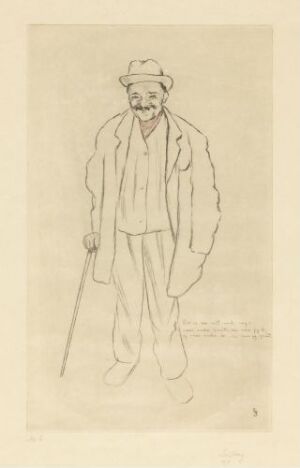  "The Crippled Man" by Harald Sohlberg, a monochrome etching of a middle-aged or older man wearing a cap and a long coat, standing with the aid of a walking stick on paper with natural hue, characterized by thick lines and subtle shading.