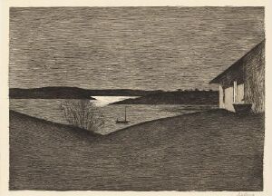  "Moonlight," an etching and aquatint on paper by Harald Sohlberg, depicting a calm night scene with a body of water reflecting a bright streak of moonlight, surrounded by dark land silhouettes and a solitary house to the right, all enveloped in a tranquil, dusky atmosphere.