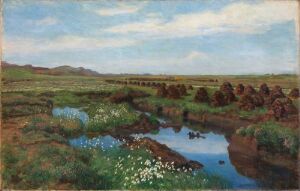  "Peat Bog at Jæren" by Kitty Kielland, a fine art oil painting on canvas, depicting a tranquil peat bog landscape with earthy greens and browns in the foreground, calm blues reflecting sky in water patches, rows of darker shrubs, and a soft blue sky with light clouds.