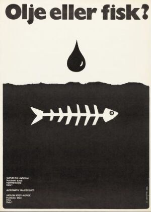  "Olje eller fisk?" by Terje Roalkvam is a graphic design print featuring bold black-and-white contrast. A stylized white fish skeleton against a solid black background swims toward the lighter area, under the title text in black and a single black oil drop, representing an environmental choice between oil and marine life.