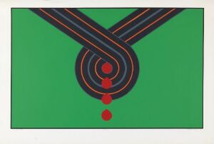  "Motorvei" – A silk screen print by Anders Kjær featuring vibrant green with stylized black and navy blue roads outlined in thin red and light blue lines converging into a circular junction above three red dots, evoking a stylized overhead view of a highway system.