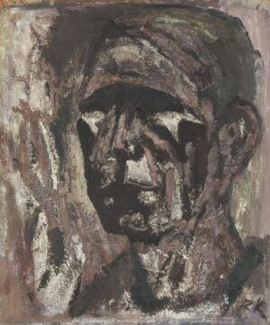  "Self-Portrait" by Ragnar Kraugerud, an oil on wood fiberboard painting depicting an abstract, textured representation of the artist's face in muted earth tones and expressive brushwork, with an introspective gaze.