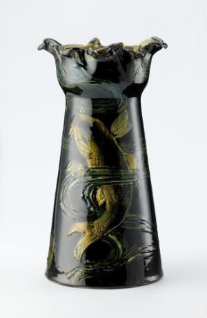  A glossy black vase with a wavy rim, adorned with a painted dragon in shades of yellow and green with gold accents. The artist's name and title of the work are unknown.