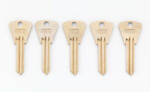  A set of five nickel-plated brass keys designed by Tias Eckhoff, aligned horizontally on a white background, with triangular bows and a series of precise cuts at the bits.