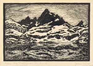  Woodcut print titled "From Trollfjorden, Raftsund" by artist John Savio, featuring a monochromatic scene with dark, jagged mountains contrasted against lighter patches of snow. Fine lines in the sky and textured marks on the mountains communicate the rugged terrain and serene, overcast atmosphere of the Norwegian fjords.