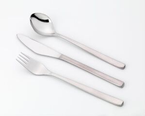  Stainless steel tableware set designed by Gense-GAB, including a knife, fork, and spoon with brushed and polished surfaces, arranged on a white background.