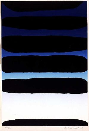  "Skyer II" by Arne Malmedal, an abstract fine art serigraphy print featuring a composition of horizontal bands in shades of deep blue, navy, and black, separated by slivers of lighter blue and a band of soft teal, set against a white background, evoking a serene and layered night sky or oceanic scene.