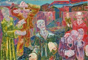  "We unemployed" by Arne Ekeland – a vibrant and expressionistic oil painting on canvas featuring six figures with despairing expressions, set against a colorful abstract depiction of a cityscape, highlighting the emotional impact of unemployment.