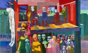  Abstract oil painting on canvas by Arne Ekeland, featuring a bustling scene with a diverse and colorful crowd of figures in front of a bar, with vivid purples, greens, reds, and blues, along with a stark white figure on the left separated from the main group. The overall composition conveys motion and emotion through its vivid abstract forms.