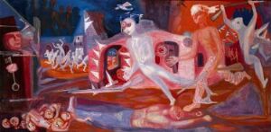  An expressionistic oil painting on canvas by Arne Ekeland, featuring a vivid tableau of abstract figures in hues of deep red, blue, pink, and white, with central figures seemingly engaged in a dynamic interaction or conflict. The artwork is alive with motion and intense emotion, conveyed through the energetic use of color and form.