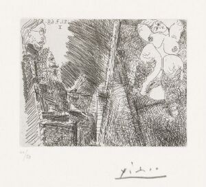  A black-and-white etching by Pablo Picasso titled "Maler og modell med gamasjer, med tilskuer," showing an artist on the left side, a model with gamasjer on the center-right, and a spectator in the background to the right, all depicted with varied line intensities and textures without any colors.