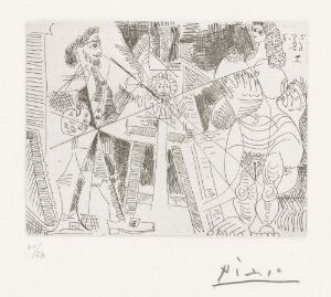  "Spansk kunstner maler en naken kvinnes portrett i form av en skegget mann med pipekrave" by Pablo Picasso, a complex black and white etching depicting abstract, cubist forms and figures suggestive of a painting session.