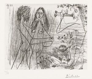  A monochromatic etching titled "Landlig scene: Forelsket par, fløytespiller og gutt som spiser vannmelon" by Pablo Picasso, depicting a romantic couple on the left, a figure playing the flute in the center with floral adornments, and a child eating watermelon on the right, all sketched in expressive lines on paper.