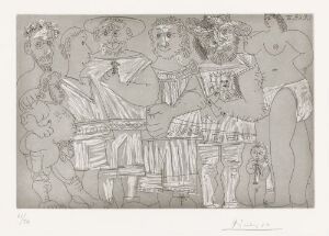  Monochromatic etching by Pablo Picasso titled "Badende kvinne og fløytespillende putto, med menn i strandantrekk," with abstracted figures of men in early 20th-century style beachwear, a nude woman, and a cherubic figure playing a flute, rendered in shades of gray using line etching, scraping, and aquatint on paper.