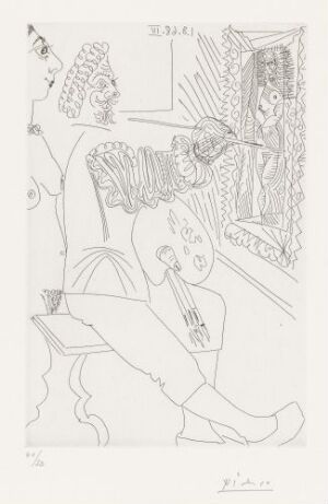  Black and white etching titled "Maler i arbeid, med en stygg modell" by Pablo Picasso, featuring a seated artist in profile working on a painting, dressed in an elaborate costume suggestive of historical attire. No colors are present; the composition relies on line work and hatching to convey depth and form on paper.