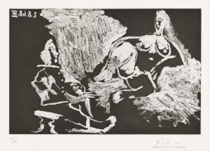  "Maler med halvveis liggende modell" by Pablo Picasso is an aquatint print on paper featuring abstract black and white figures of an artist painting a reclining model, with a dynamic interplay of light and shadow.
