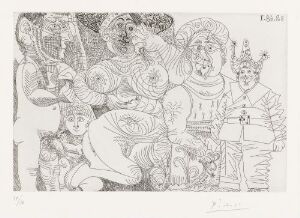  An etching by Pablo Picasso titled "Kvinne med hatt og nellik, mann med turban, klovn, putto og tilskuer," featuring a monochromatic scene with an overlapping composition of characters including a woman with a hat and a carnation, a man in a turban, a clown, a putto, and a spectator, all rendered in intricate black lines on a white paper background.