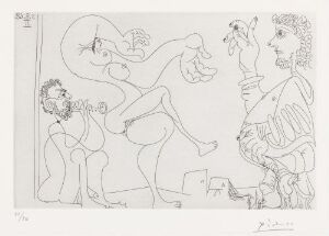  Line etching on paper by Pablo Picasso titled "Magedans i ørkenen, med omfangsrik tilskuer" depicting an abstract belly dancer with fluid lines and distorted limbs on the left and a detailed, bearded male observer on the right, in Picasso's signature cubist style, using black ink on white paper without color.