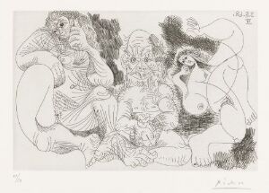  A line etching on paper by Pablo Picasso titled "Gammel mann, sittende med kvinne, og danserinne," showcasing a detailed scene with an intricately lined bearded old man seated next to a simply outlined woman, and a dynamic dancer figure to their side, all rendered in a monochromatic palette.