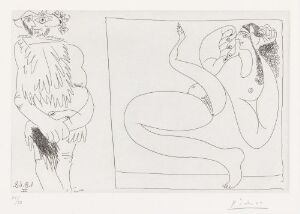  Black and white etching by Pablo Picasso titled "En villmann foran et lerret med en bakkantinne," depicting a primitive, bearded wild man on the left and a sensual, curvilinear Bacchante on a canvas to the right. The contrast in line work and representation emphasizes the wildness of the man and the artful grace of the female figure in this abstract, graphic artwork.