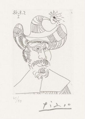  Black and white etching "Skjegget mann med hatt med bjelle på" by Pablo Picasso, portraying a bearded man with a striped hat featuring a bell on top, exhibiting sharp and soft etching techniques on paper.