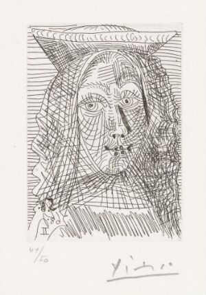  Black and white etching by Pablo Picasso titled "Ung spansk dame" depicting a stylized portrait of a young woman with expressive, detailed eyes, wearing a headpiece or hat, set against a vividly lined background, demonstrating Picasso's distinctive use of line work to convey form and texture.