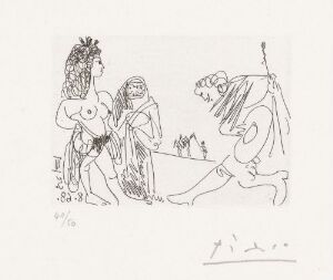  "Koblersken presenterer en herre for en ung kvinne," a line etching on paper by Pablo Picasso, depicting a classical scene with two women and a crouched male figure with a spear. The image is monochromatic with stark contours outlining the figures against a blank background.