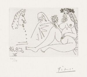  "Lyshåret pike med blomst, koblerske og musketer," a line etching on paper by Pablo Picasso, featuring abstract and minimally detailed figures of a smiling horse-like creature to the left, a cloaked figure in the center, and a reclining woman with a floral crown and holding a flower to the
