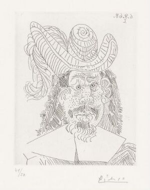  Etching by Pablo Picasso titled "Portrett av aldrende musketer, med kvisete ansikt", depicting the detailed monochromatic portrait of an aging musketeer with expressive features, a pimpled face, and wearing a large, feathered hat. The image is finely detailed with varying shades of black and white, emphasizing the textures and contours of the character's face and attire.