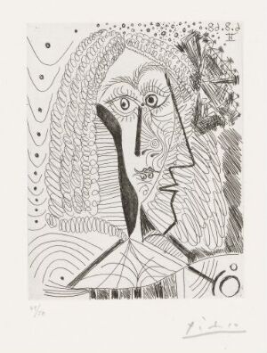  A black and white line etching titled "Sideblikk på Velázquez: Infant i tre-kvart profil" by Pablo Picasso featuring an abstract, stylized portrait of a figure in three-quarter profile, surrounded by complex patterns and textures in a monochromatic scheme.